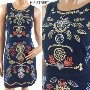 SKIES ARE BLUE Sleeveless Embroidered Folk Pattern Stretch Jersey Sheath Dress S